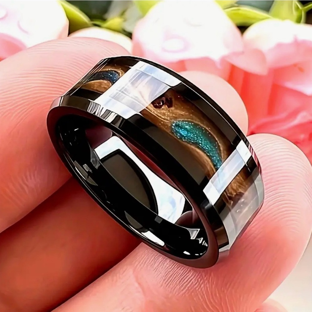 Elegant Black Brown Turquoise 316L Tungsten Stainless Steel Wedding Band Ring - Picture 2 of 13
